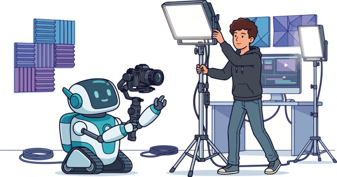 Artificial intelligence robot cameraman and young male video editor working in digital content creation studio vector illustration