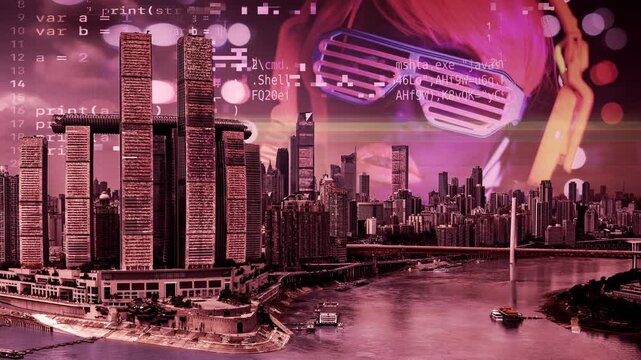 chongqing cyberpunk city with overlayed code and data on the buildings