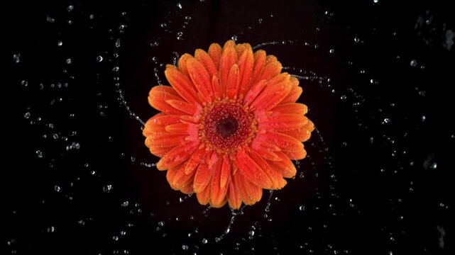 A vibrant orange gerbera daisy flower spinning fast and splashing water droplets outward against a solid dark black background in macro