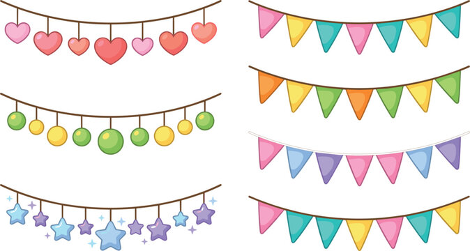 Colorful party bunting garlands vector set isolated on white background featuring cute festive hanging flags stars circles and hearts for birthday decoration