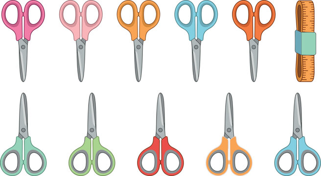 Colorful tailor scissors vector set isolated on white background with measuring tape featuring cute flat craft sewing tools for handmade workshop design