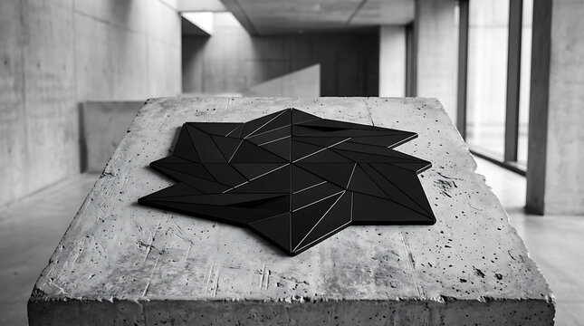 Intricate black geometric puzzle pieces forming an abstract star shape on a textured concrete surface