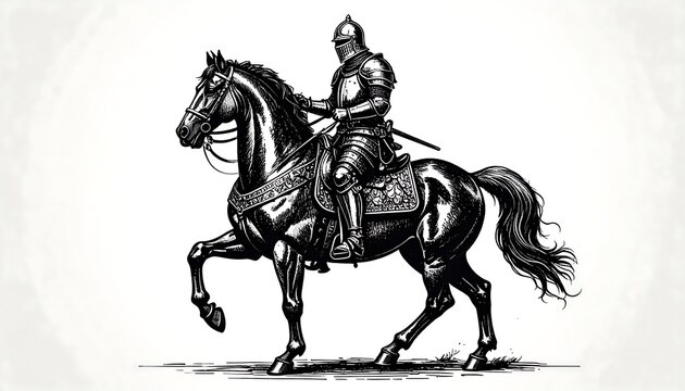 Medieval knight on horseback in full armor.