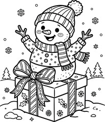  Cute snowman sitting on Christmas gift box with winter snowflake background vector illustration coloring page outline for kids holiday activity book