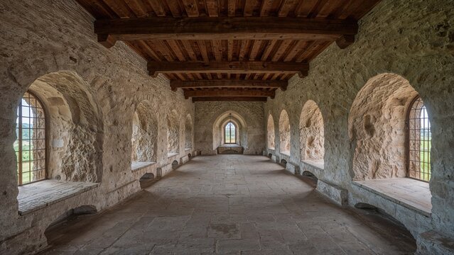 Stone corridor with arched windows, exposed wooden ceiling, and stone walls, showcasing historic architecture.