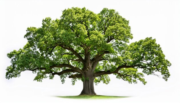 large oak tree with dense green foliage and thick trunk isolated on a white background leaves