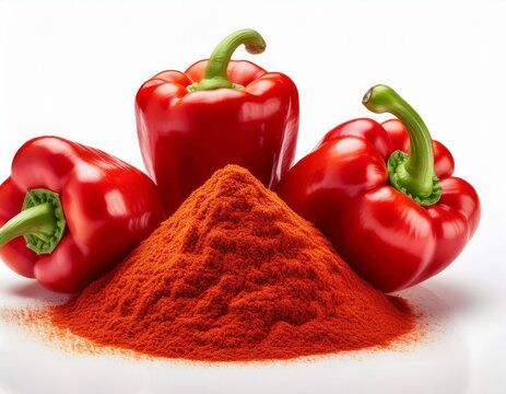 fresh red bell peppers and a heap of sweet paprika powder on a white background