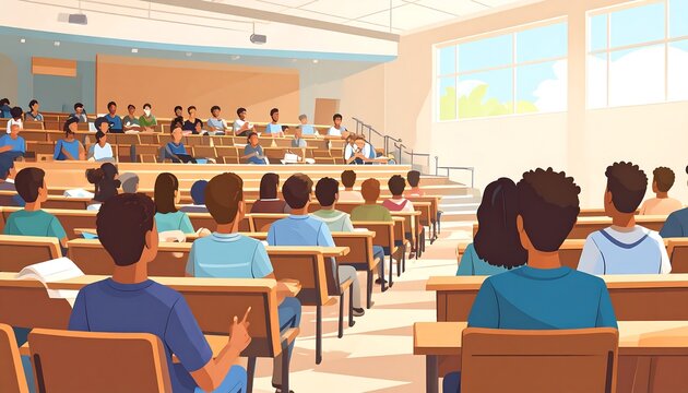 Students attentively listening in modern classroom setting.