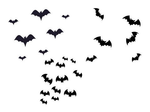 Flock of Black Flying Bats Silhouettes Isolated on White Background for Halloween Design