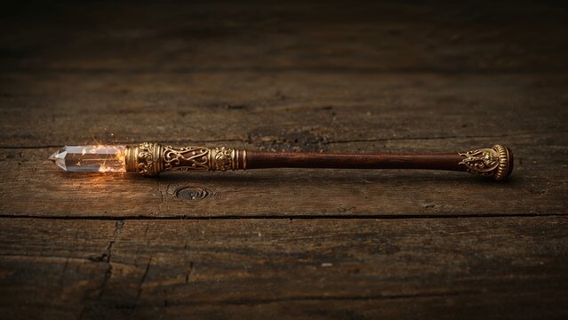 Staff of ancient magic with glowing crystal tip resting on wooden surface. Vintage mystical artifact with ornate gold details and runes. Magical staff with energy.