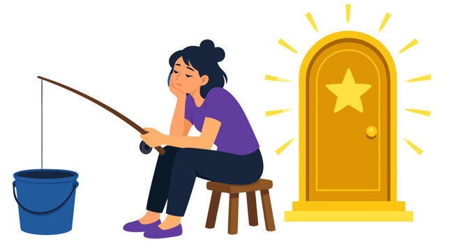 Bored woman fishing in empty bucket ignoring glowing golden opportunity door, missed chances concept vector illustration