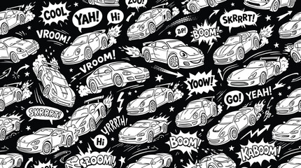Racing car comic seamless pattern, black and white doodle sports cars with speed bubbles, automotive vector background for textile and wallpaper © Iconify Studio