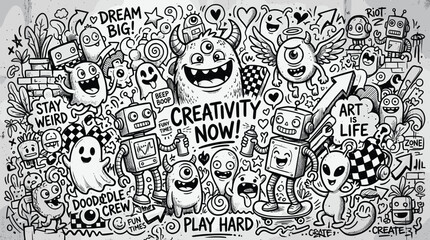 Hand-drawn doodle art illustration with monsters and robots, black and white street art graffiti mural, creative character design vector © Iconify Studio