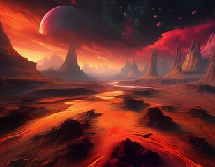 Naklejka premium an alien landscape with red and orange clouds