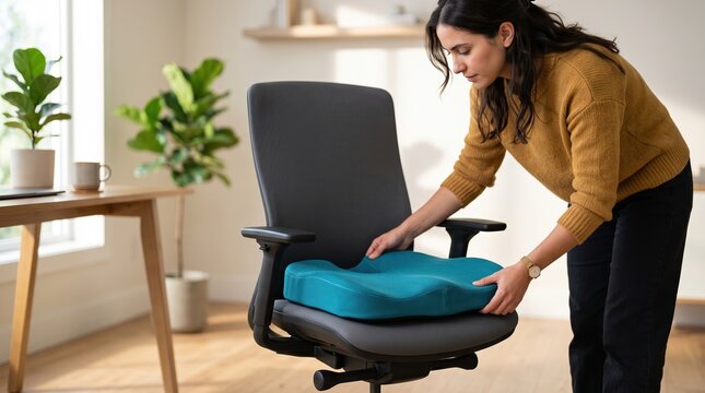 Woman placing ergonomic seat cushion on office chair
