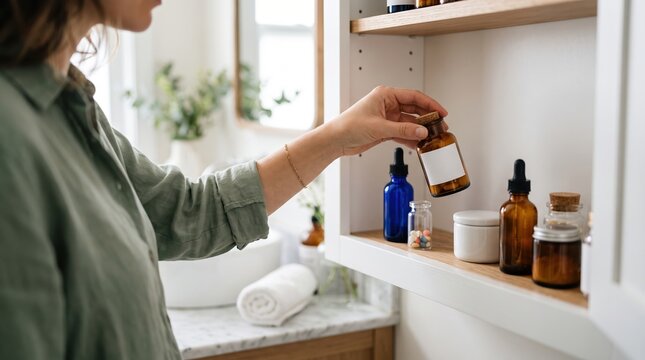 Woman picking medicine bottle from cabinet