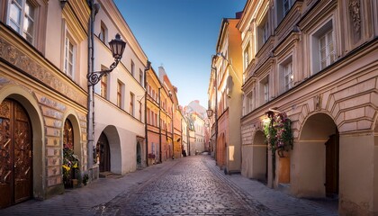 historic narrow archway and cobblestone street in lublin poland with decorated facades ornate windows and atmospheric alleyway in the old town city center © Reginald