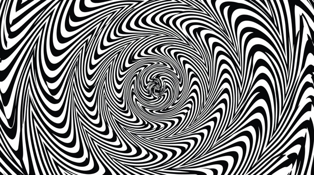Hypnotic optical illusion vector background, black and white psychedelic spiral pattern, trippy monochrome swirl texture for creative design