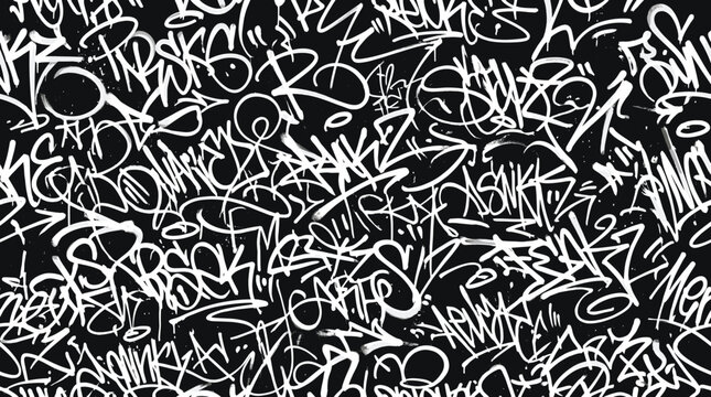 Graffiti tag seamless pattern vector, urban street art background with white handstyle lettering, black and white hip hop mural wallpaper