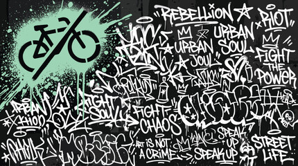Urban graffiti wall with bicycle stencil and hand-drawn tags, gritty street art background, rebellious underground subculture vector illustration © Iconify Studio
