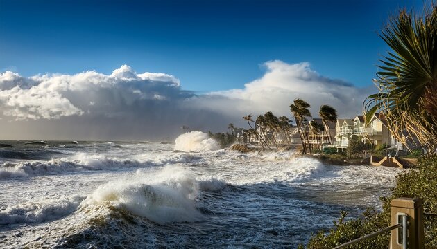 stunning close up of storm lashed coastal neighborhood dramatic waves and windswept palm trees n perfect for a sports themed wall poster or dramatic home decor
