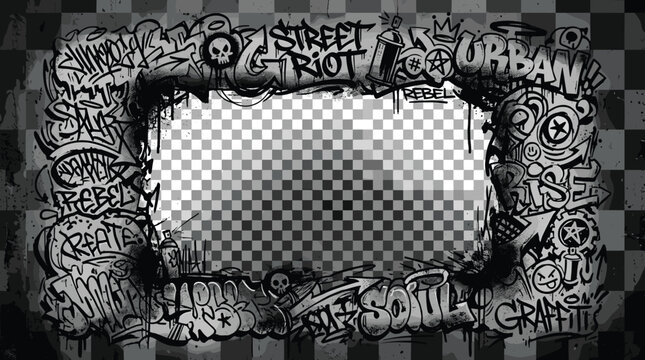 Urban graffiti frame with street riot and rebel tags, monochrome hand drawn spray paint border, grunge underground art vector background