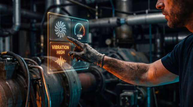 man touches glowing turbine vibration interface above forearm to flag mechanical fault alert, escalate wind farm maintenance request, review rotor speed chart, and respond to renewable energy risk