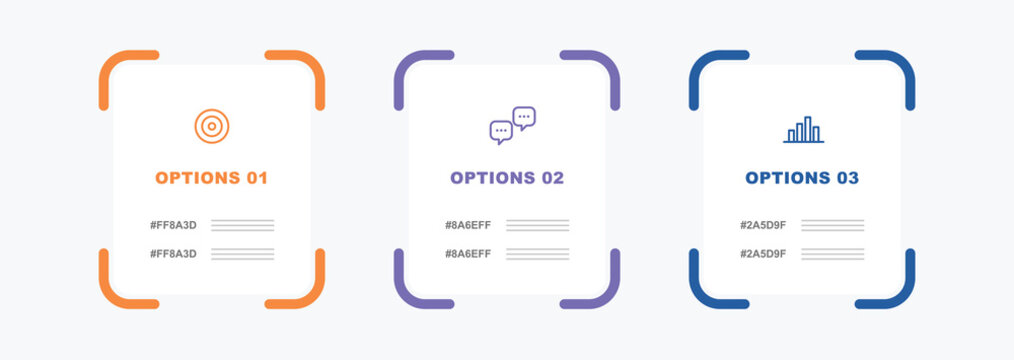 Three minimalist data options infographic layout boxes featuring subtle color brackets target chat and bar graph icons on light backdrop