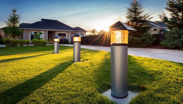 modern solar bollard lights in front yard