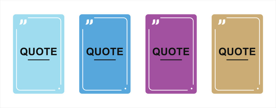 Four minimal vertical quote layout cards featuring light blue dark blue purple and tan background frames adorned with white quotation marks