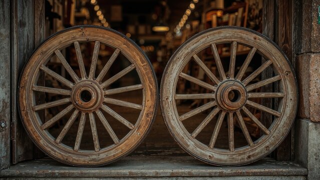 Two wooden wagon wheels resting against a wooden wall in a rustic setting.