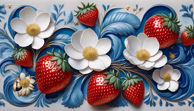 elegant strawberry art print porcelain like blue floral patterns with vintage bee motif perfect for sophisticated interior decor and art posters