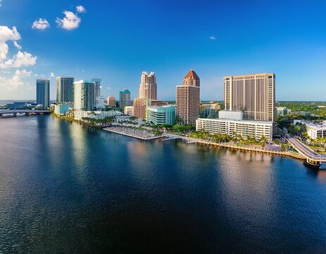 panoramic skyline view of downtown tampa florida overlooking hillsborough bay and the riverwalk tampa florida skyline downtown hillsborough bay riverwalk architecture buildings