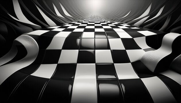 a checkerboard of black and white checkerboards flattened perspective whimsical minimalism clear edges