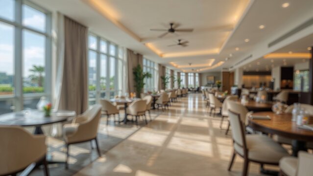 Elegant restaurant interior with large windows, modern furniture, and warm lighting for a luxurious dining experience.