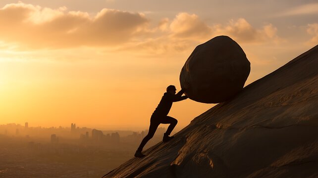 Silhouette of a determined person pushing a large heavy boulder up a steep mountain slope during a golden sunrise