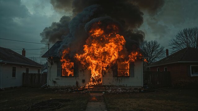 A house on fire with large flames and black smoke rising into the sky. Residential neighborhood with trees and neighboring houses around.