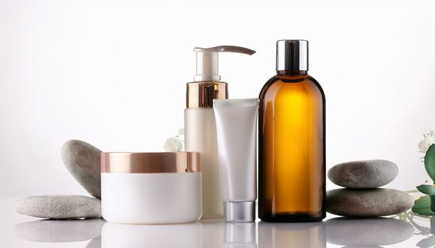 skincare and cosmetic products on white background