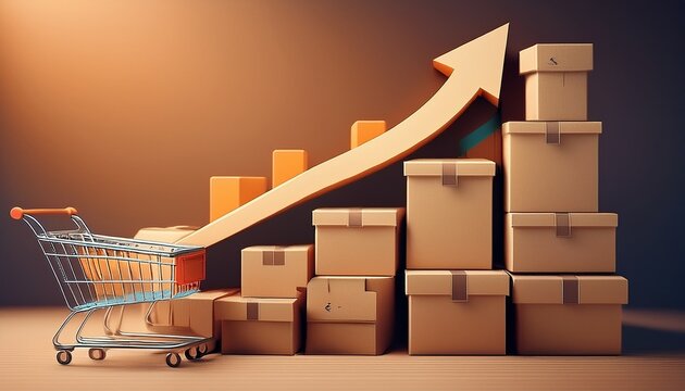 online retail business concept with a rising arrow chart cardboard shipping boxes and a shopping cart symbolizing e commerce growth and digital sales