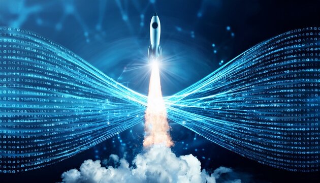 infinite loop of code and a rocket launch symbolizing innovation progress and digital transformation