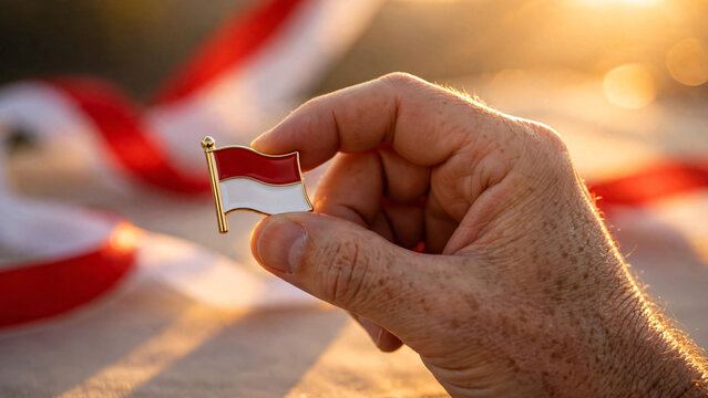 Close up of a hand holding a miniature Indonesian red and white flag with a softly blurred patriotic background.