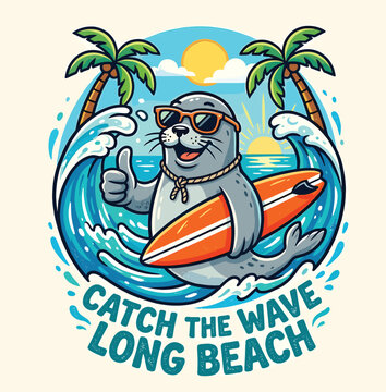 Retro surfing seal cartoon mascot, vintage beach badge with palm trees and surfboard, Catch the Wave Long Beach nautical vector illustration