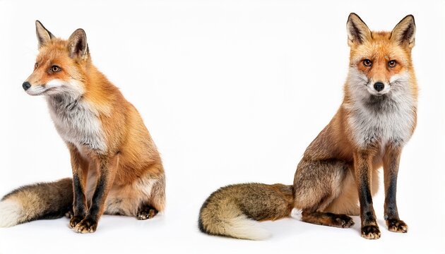 red fox vulpes in different poses isolated on white background