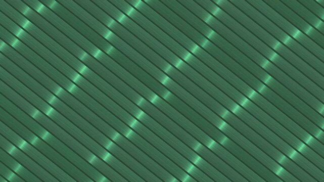 Diagonal green metallic stripes with glowing highlights create an abstract background texture.
