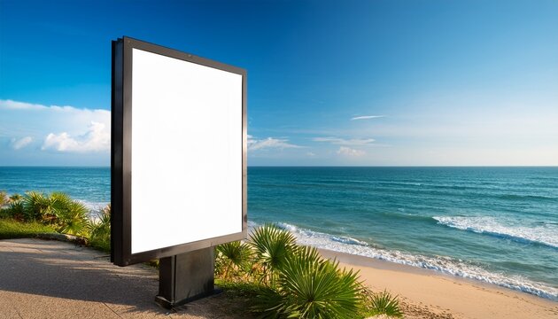 vertical poster billboard mockup by beach and ocean