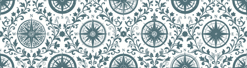 Vintage Compass Rose Floral Pattern Seamless Background © Jeni