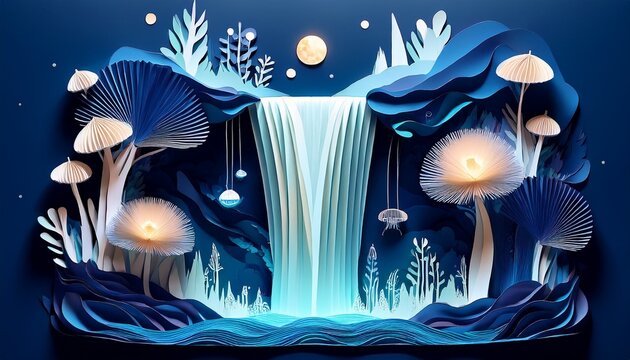stunning surreal origami sculpture of a midnight waterfall perfect for a sporty interior poster featuring deep indigo paper flowing into glowing bioluminescent water with drifting jellyfish