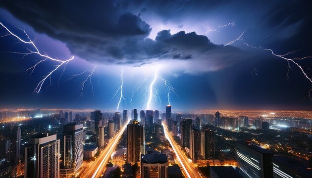 heavy lightning storm over city buildings at night lightning storm thunder city buildings dark dramatic weather night