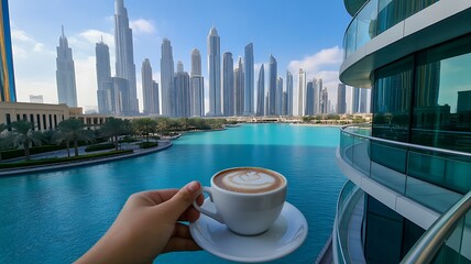 Fototapeta premium A first-person perspective of a morning coffee overlooking a modern skyscraper skyline and a serene turquoise water canal
