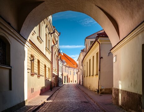 quiet cobbled alley framed by an archway in historic vilnius lithuania with sunlit old town buildings and blue sky